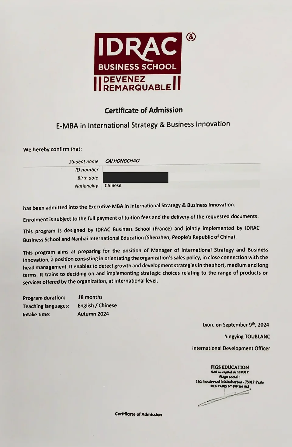 2024 IDRAC 商学院 · 入学录取证明 · 国际战略与商业创新 E-MBA